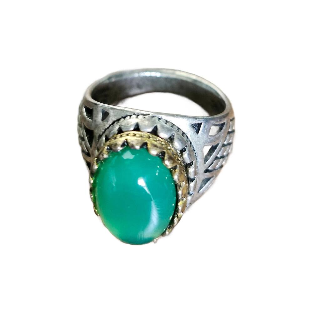 Vintage Artisan Sterling Green Agate Unisex Ring Size 9